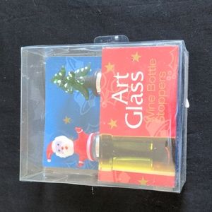 LS Arts Santa and Christmas Tree Holiday Art Glass Wine Bottle Stoppers